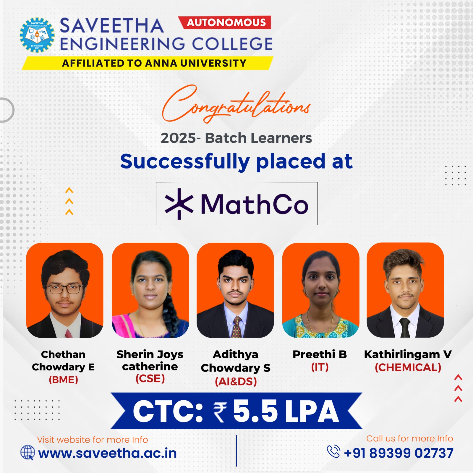 SEC Congrats 2025 batch students for securing placement at MATHCO